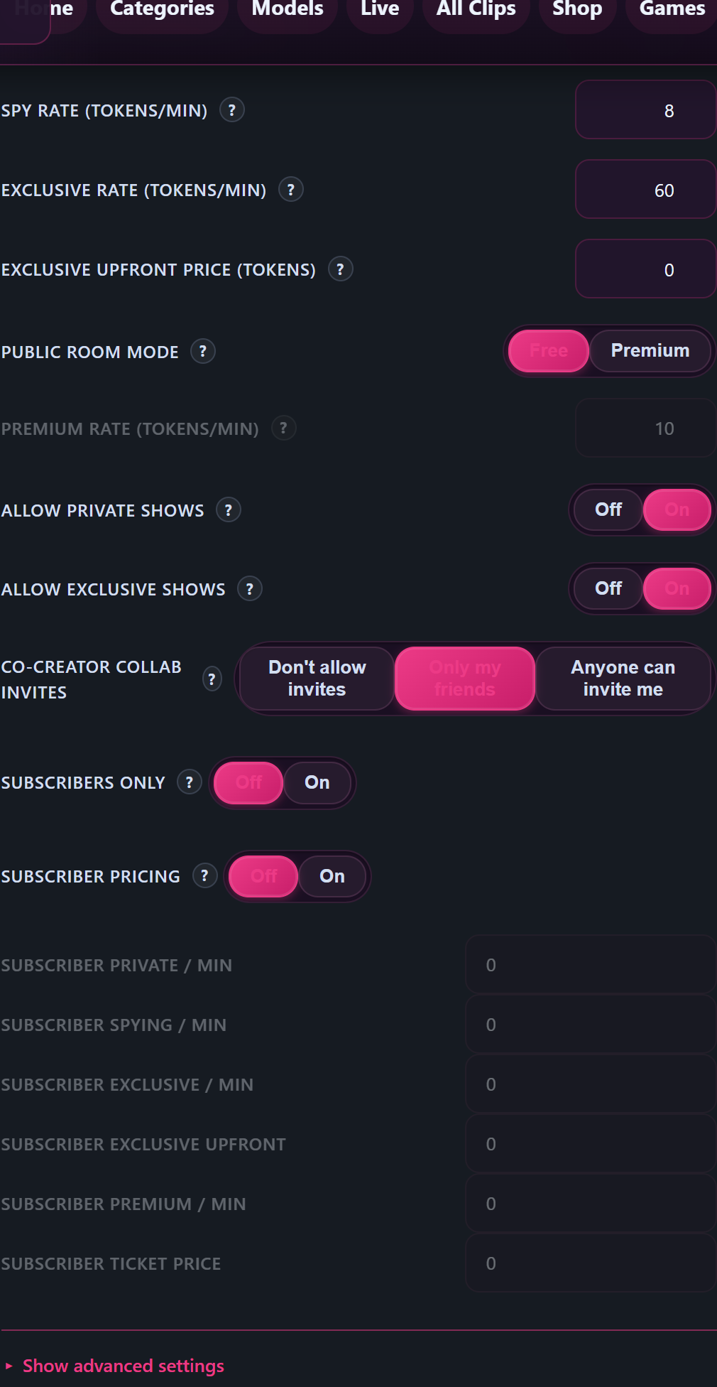 The Your Pricing panel in the studio: private, spy and exclusive rates plus the public room mode.