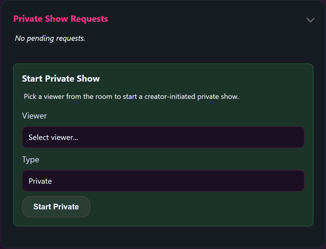 The studio inbox with a pending private-show request — Accept or Decline.