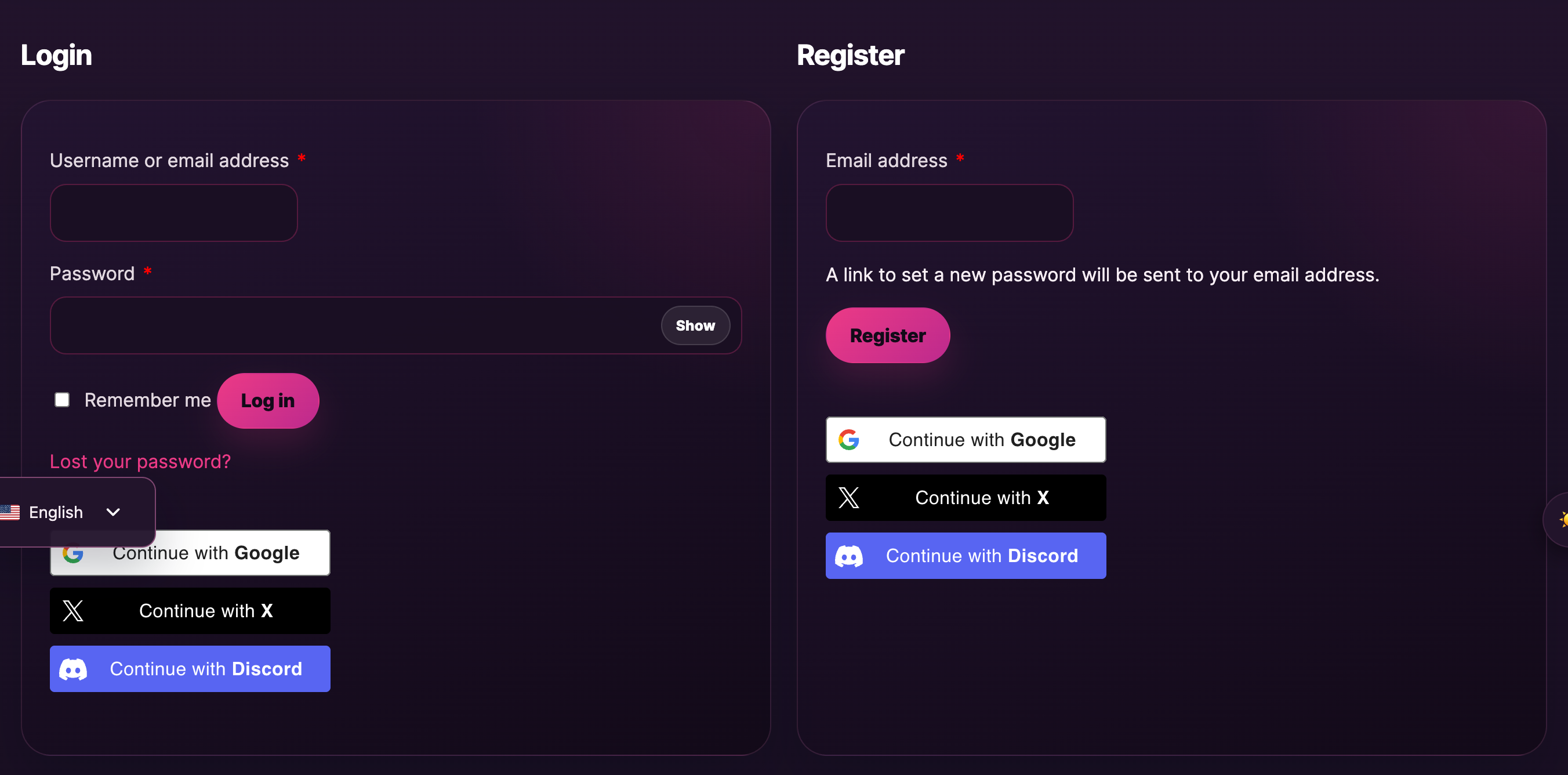 The My Account page — log in on the left, register on the right.