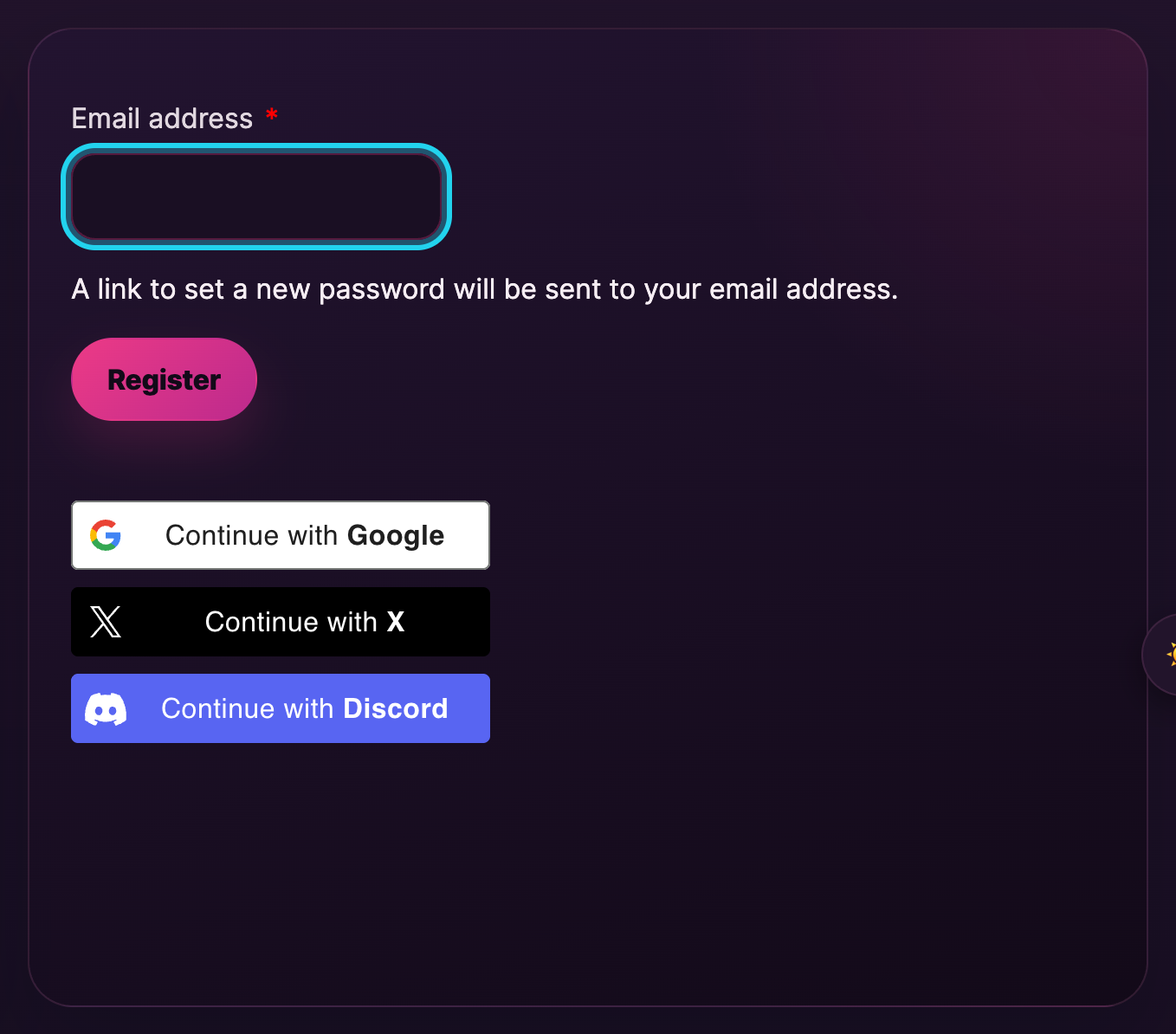 The register form — just your email address.