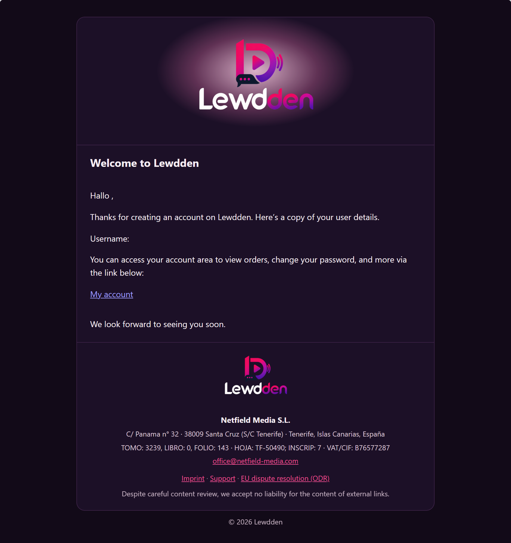 The welcome email — open your account area via the link and set your password.