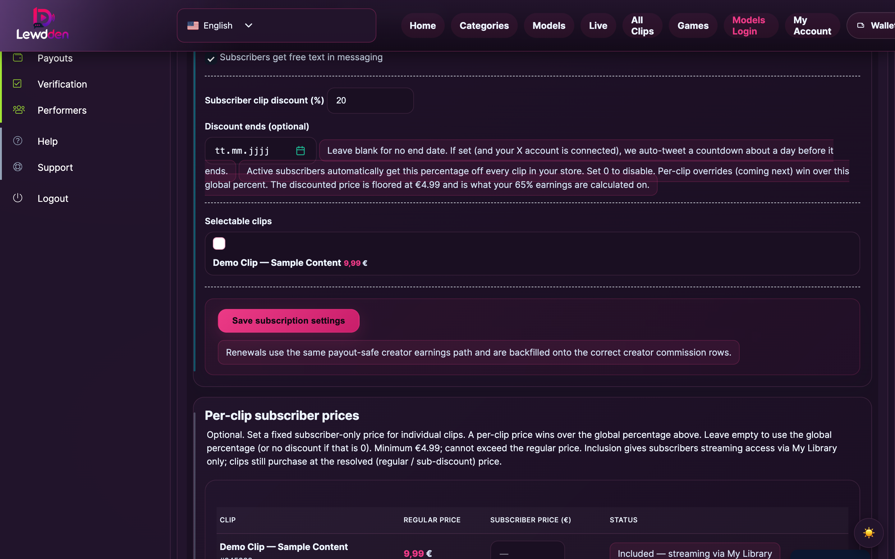 The creator-subscriptions page — the Subscriber clip discount field with the per-clip price table below.