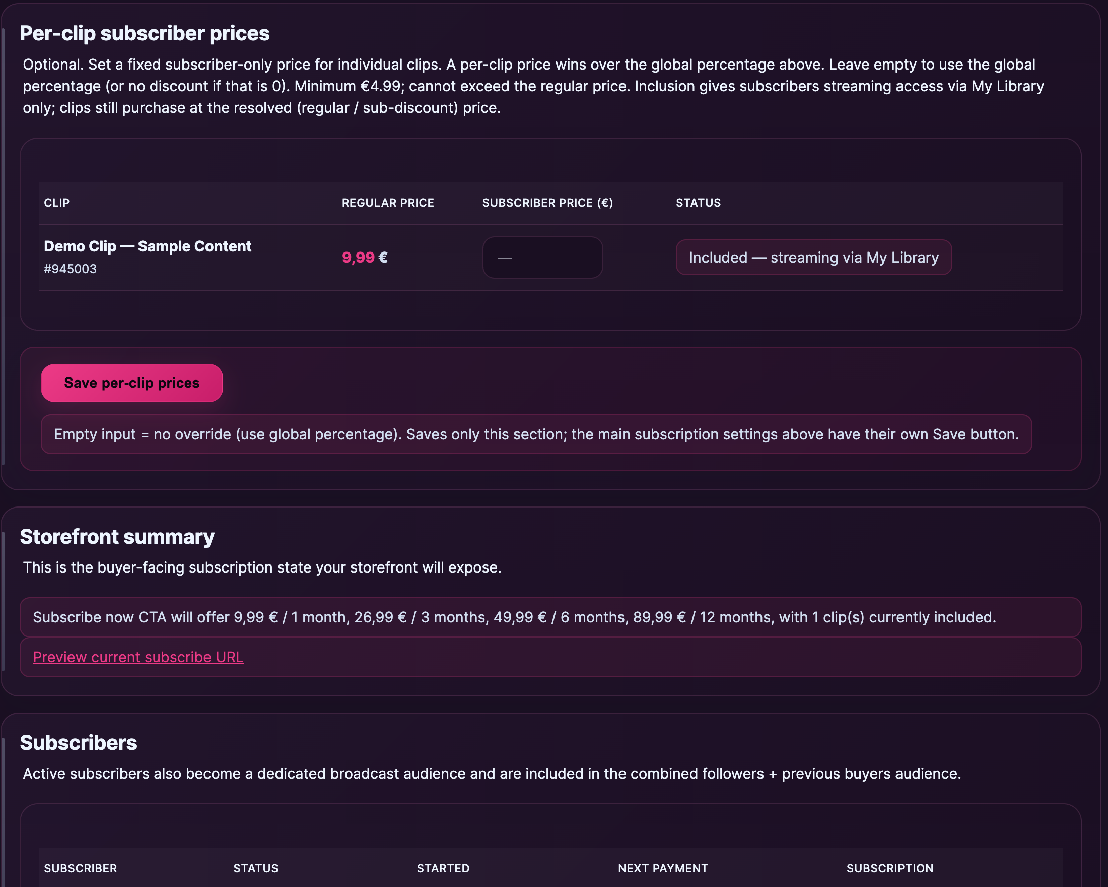 The per-clip subscriber prices table — global percentage, one fixed override, and the resolved subscriber price per clip.