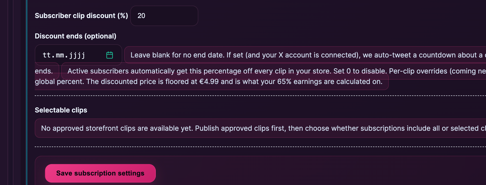 The "Subscribers get free text in messaging" toggle.