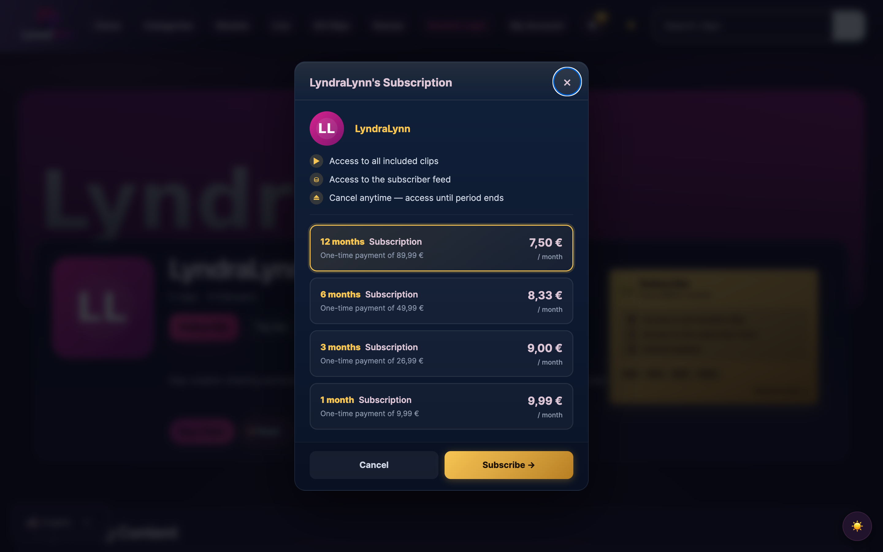 Subscribe modal showing 1m / 3m / 6m / 12m plan options with monthly equivalents.