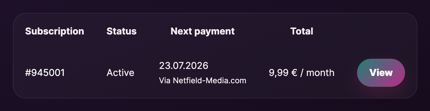 My Account → Subscriptions tab with one or more active rows.