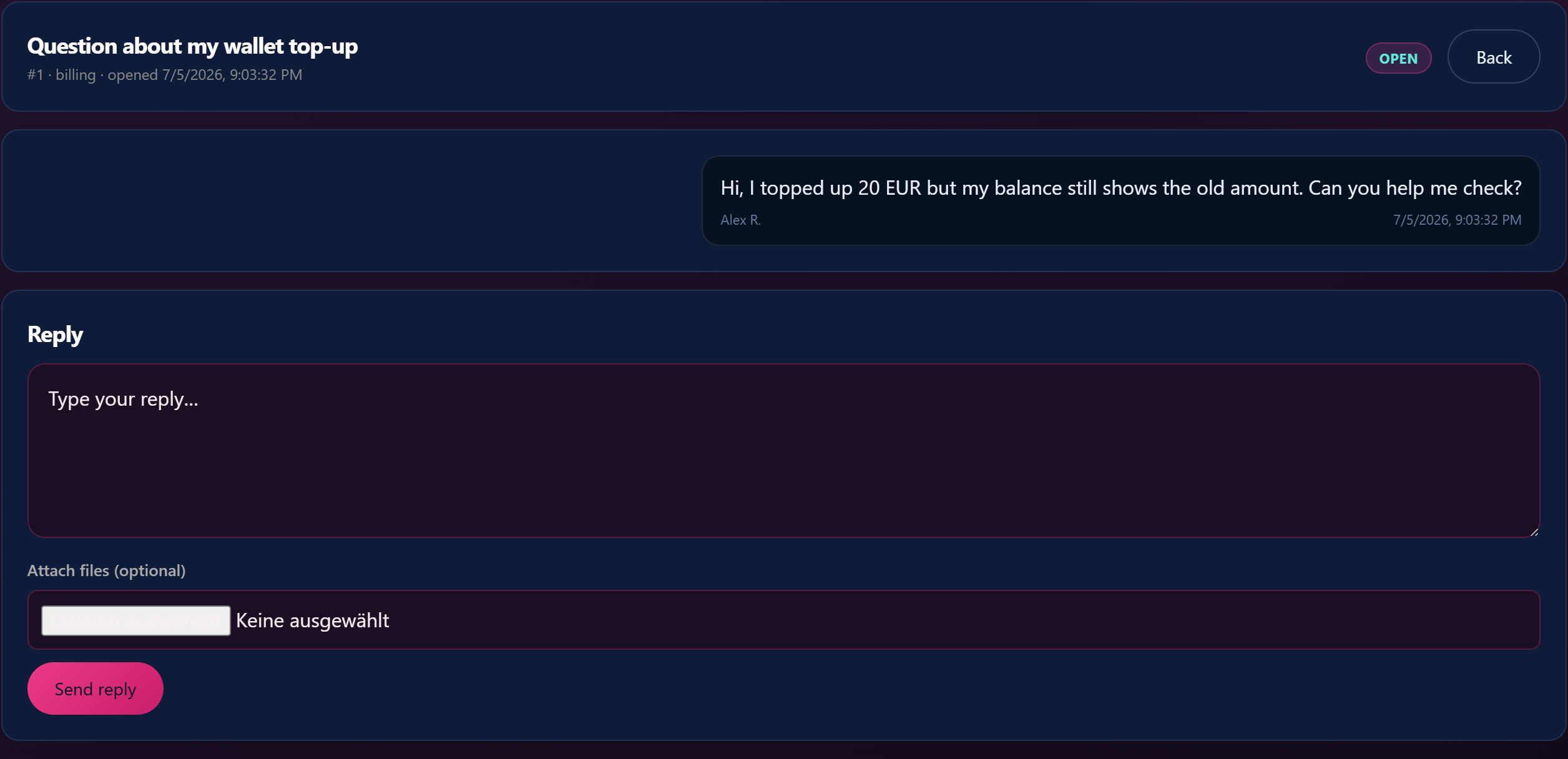 A ticket conversation — replies appear in the thread and you answer with the reply form.