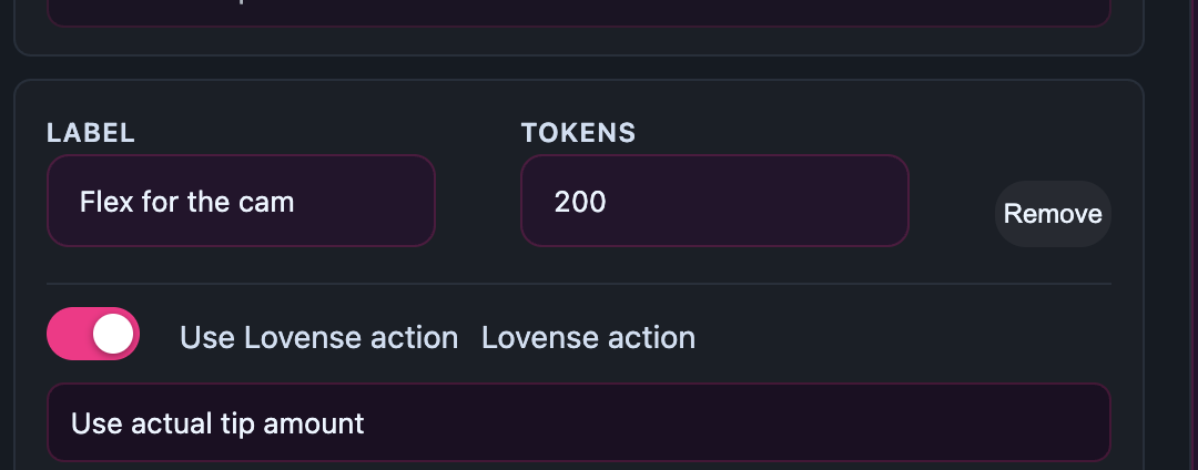 Eine einzelne Zeile mit „Label“, „Tokens“, „Remove“ und dem Lovense-Feld auf der rechten Seite.