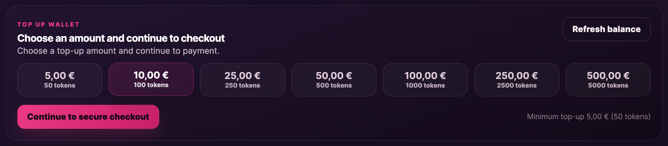 Top-up section with the six preset amount buttons, €10 selected.