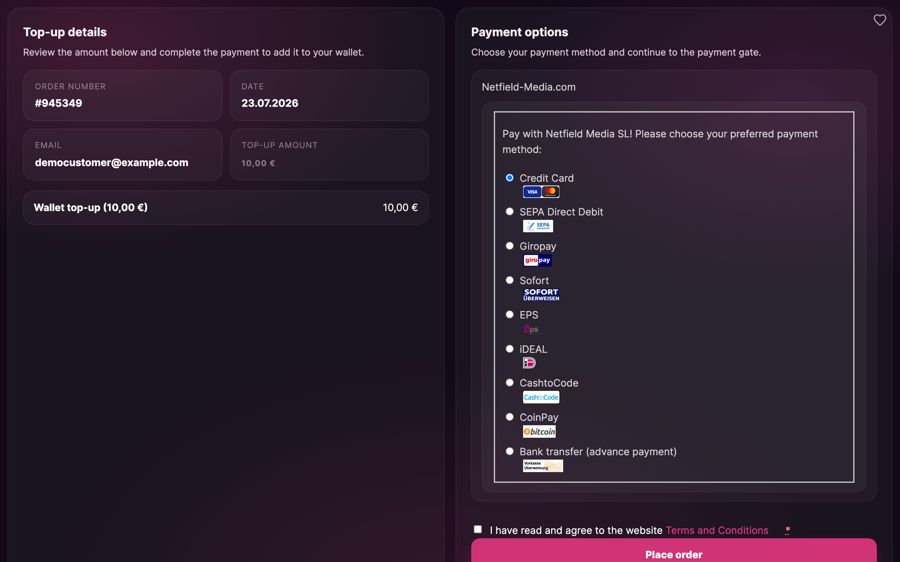 The in-page checkout panel: order summary, your e-mail and the payment section — with "Open in a new tab" and "Close" in the toolbar.