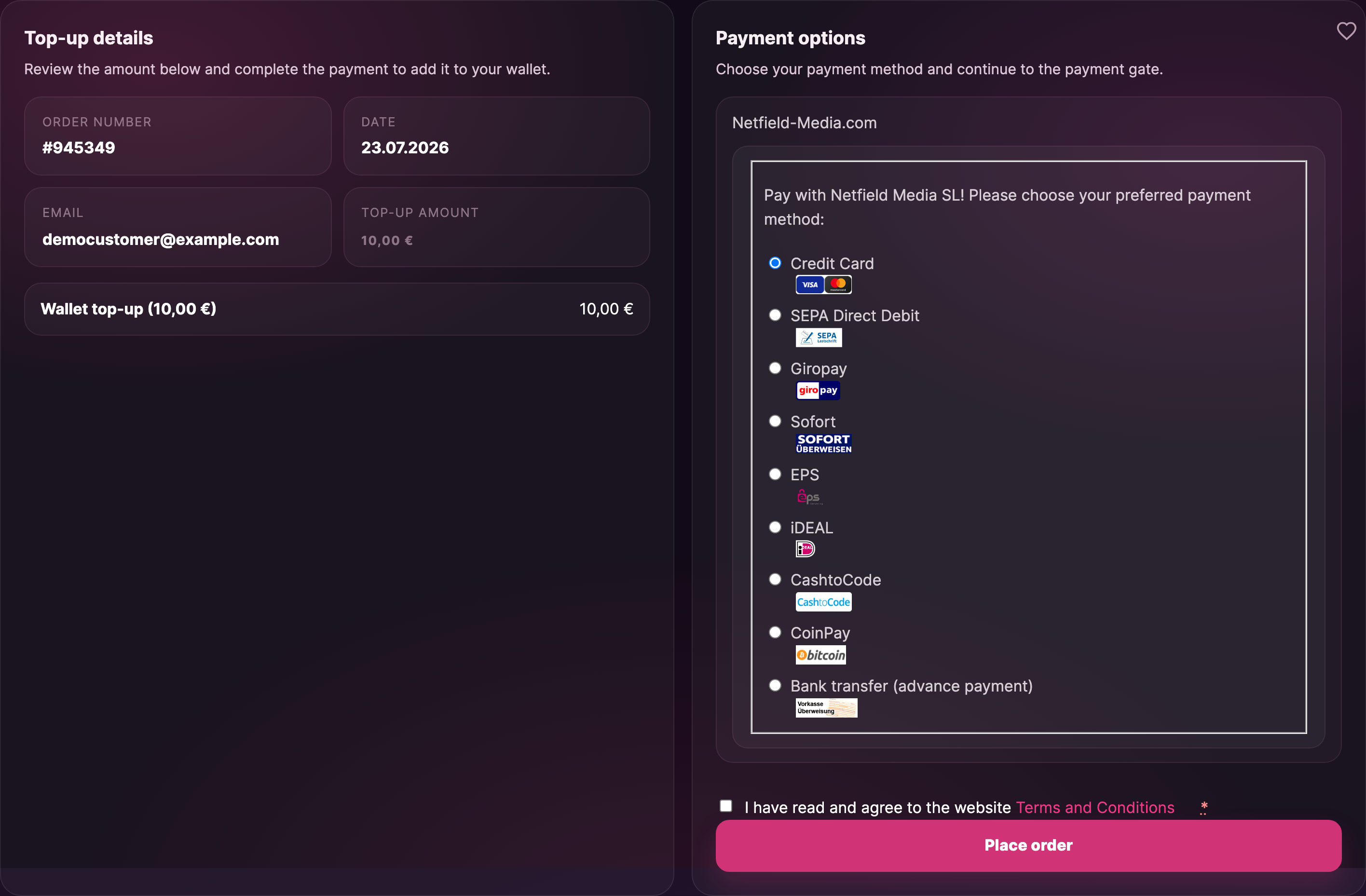 Pick your payment method in the Netfield panel and confirm the terms.