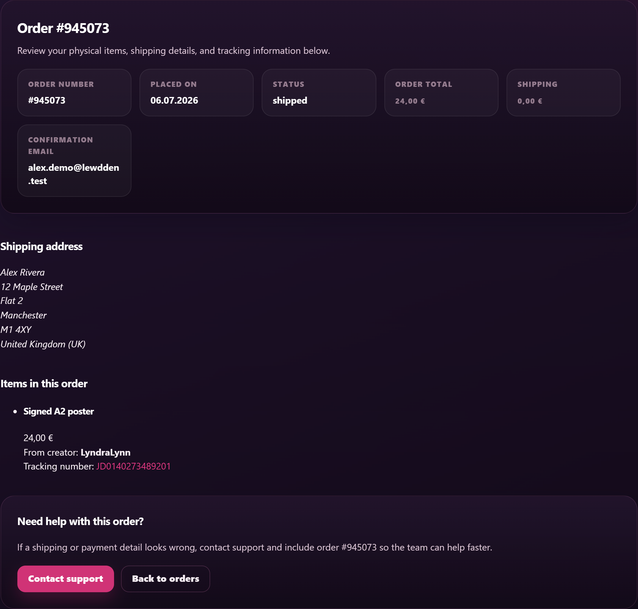 Customer order view showing status and where tracking appears.