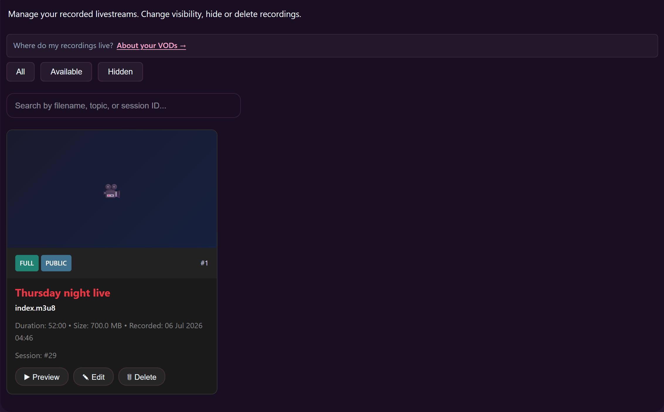 「My Recordings」ページ。VODカードが数枚表示されています。.