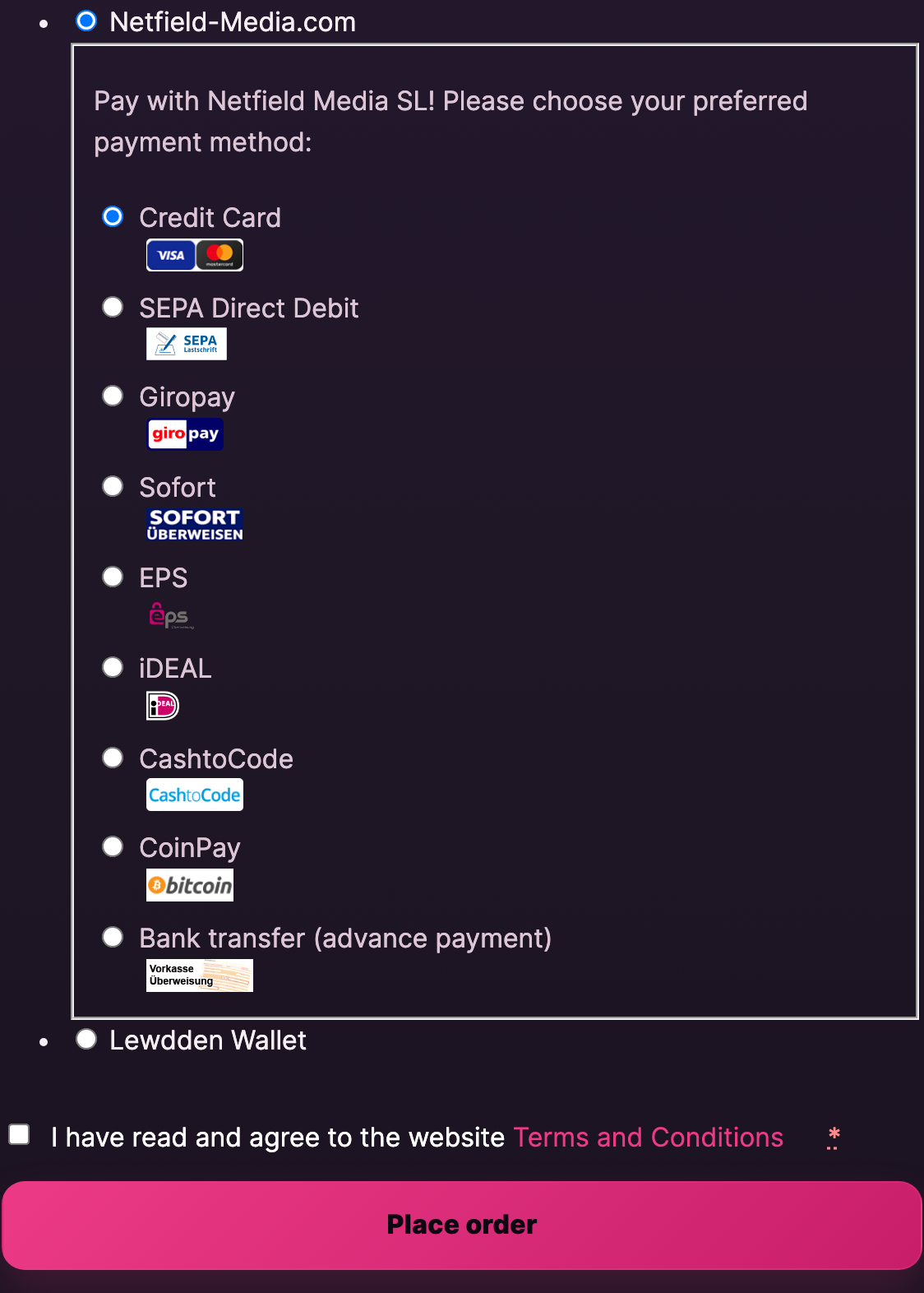 Checkout page showing "Lewdden Wallet" as a selectable payment method with current balance.