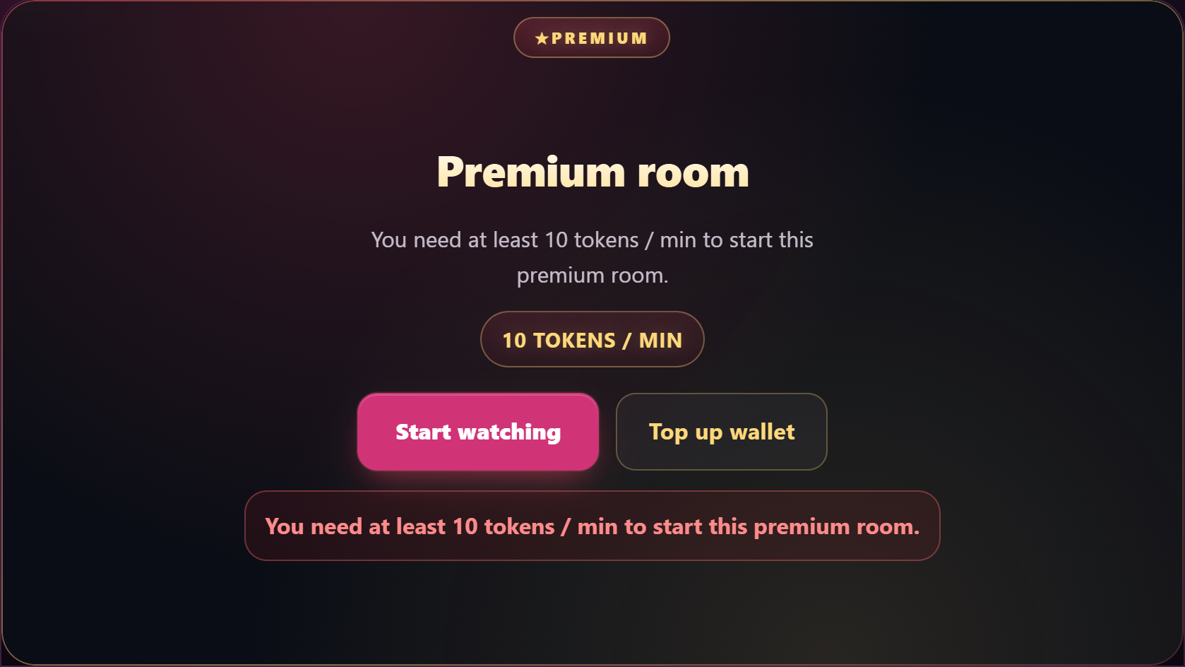 The premium gate shows the per-minute rate before you join — inside, the rate pill and your token balance track the meter.
