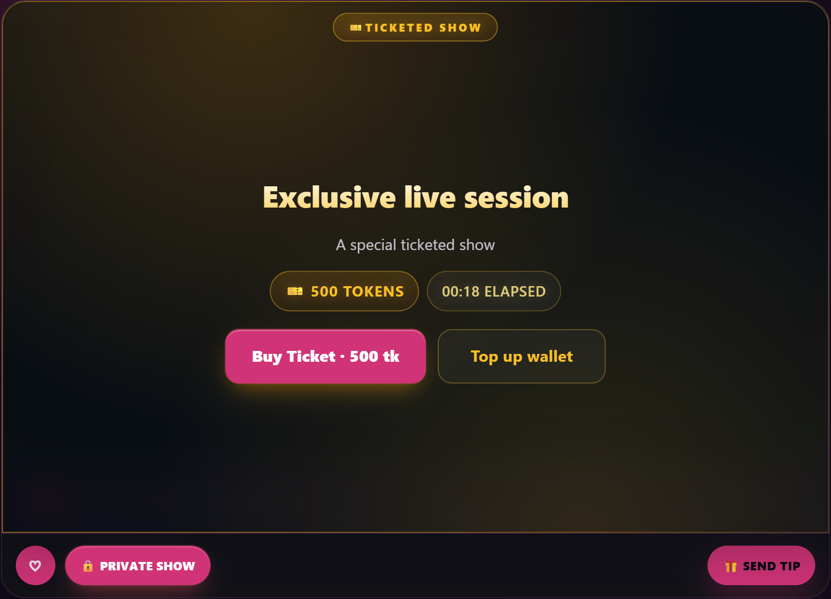 A ticketed show: price, elapsed time and the Buy Ticket button.