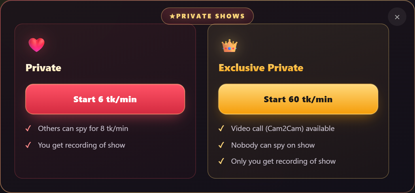 The booking modal: standard Private vs. Exclusive Private with upfront amount and per-minute rate.