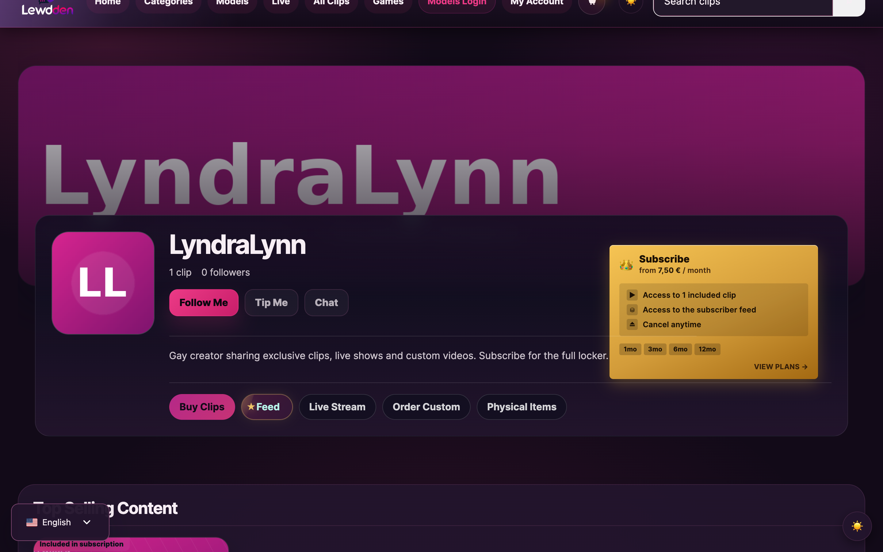A creator storefront: clips, feed, live streams, custom orders and subscriptions in one place.