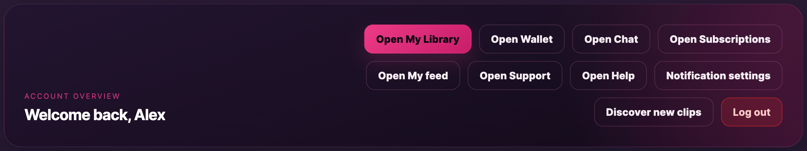 Your account overview as a fan: library, wallet, chat, subscriptions and support in one menu.