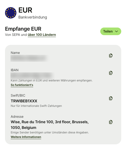 Your Wise EUR account, ready to receive payouts — copy the IBAN and BIC into Lewdden (account name and IBAN blurred here for privacy).