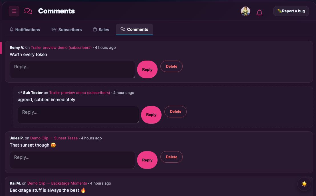 The creator Comments tab in the Lewdden Store Manager, showing grouped comment threads with reply and delete controls.