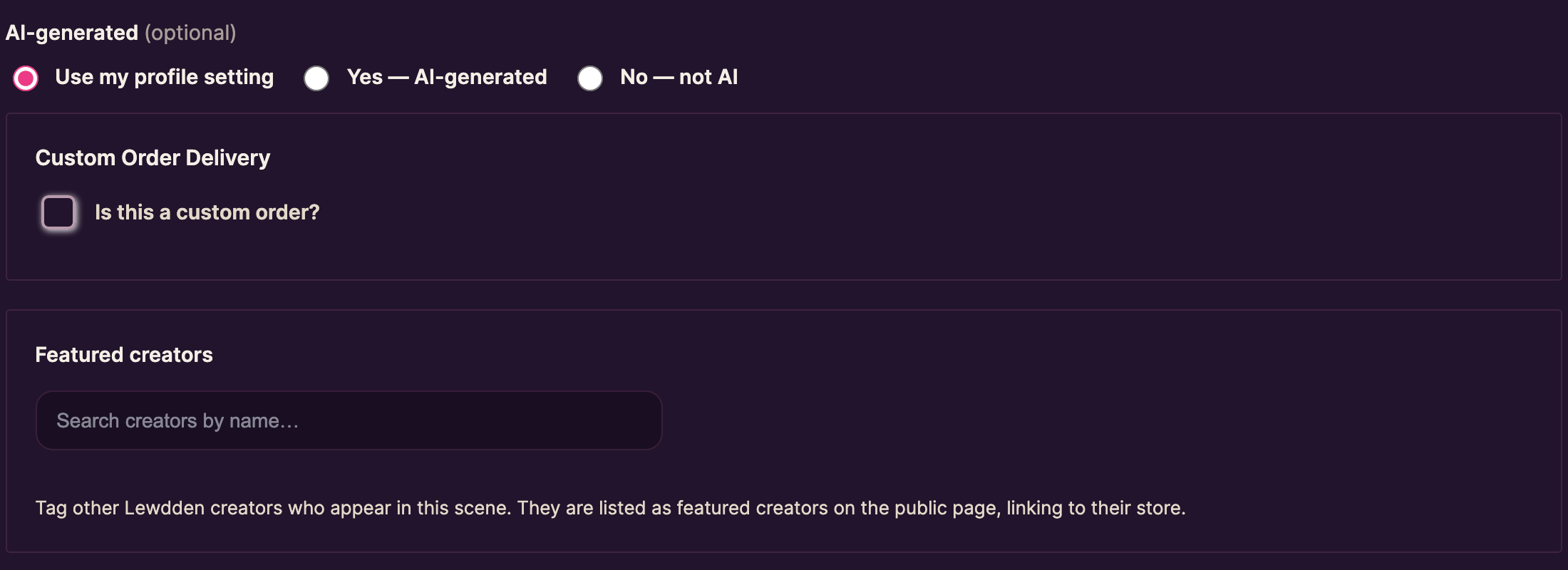 The AI-generated options and the Featured creators search field