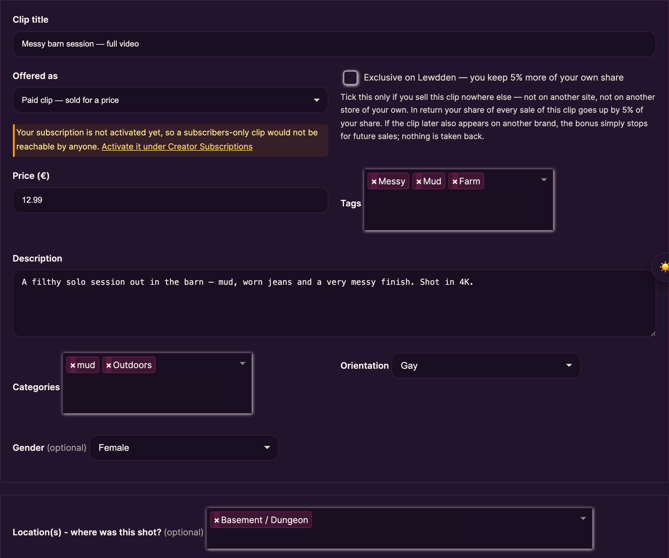 The clip details filled in: title, Offered as, price, tags, description, categories and location