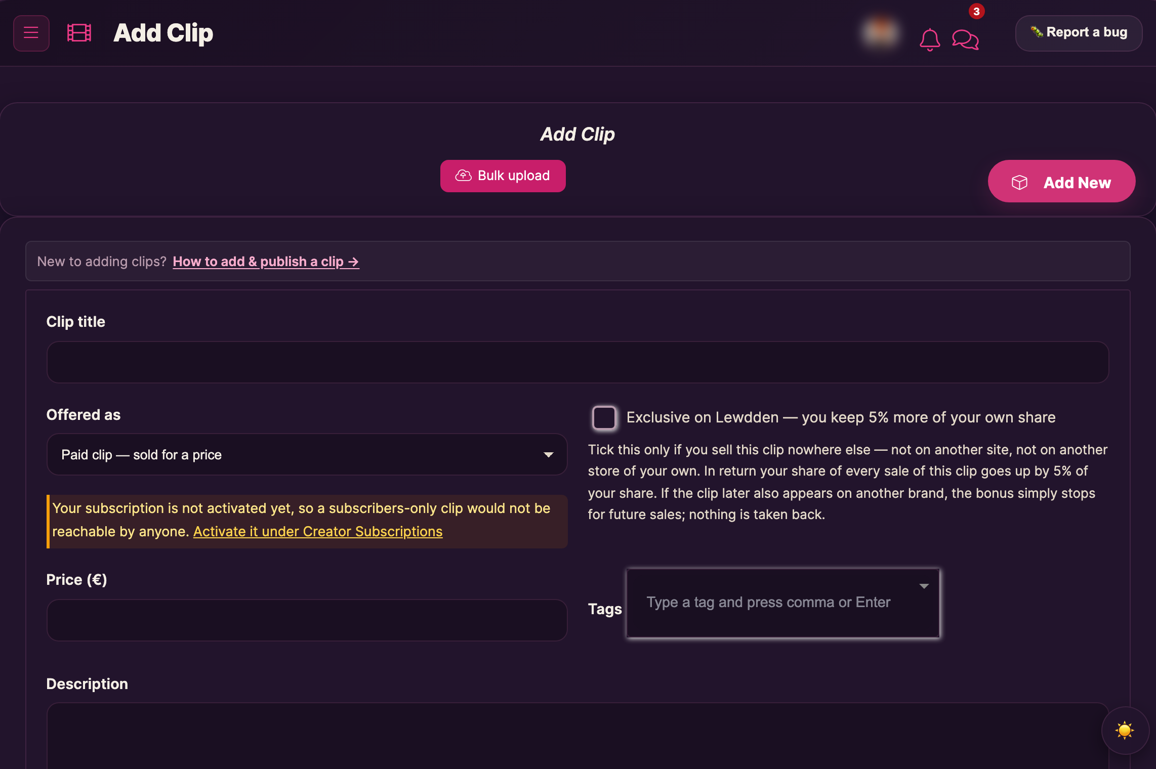 The top of the empty Add Clip form with Clip title, Offered as, the Exclusive checkbox, Price and Tags