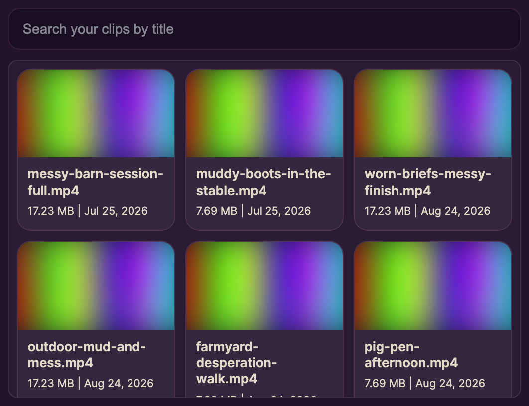 The Or select existing uploaded main clip list — search box and cards with file name, size and date