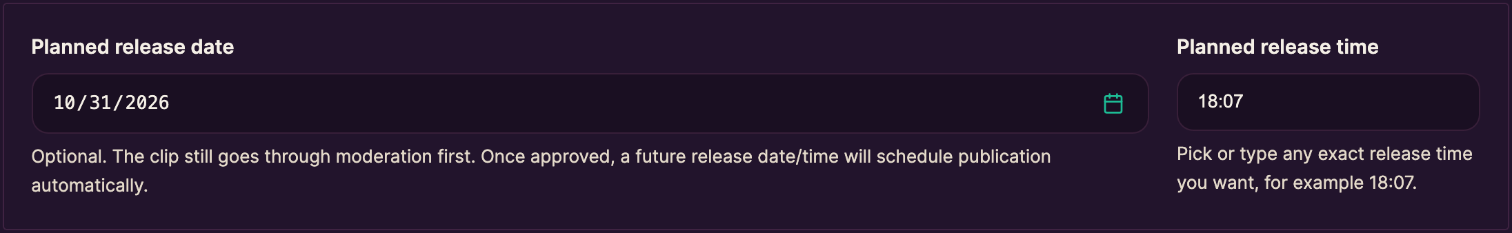 The Planned release date and Planned release time fields filled in
