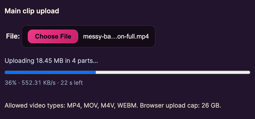 The Main clip upload box with the progress bar partway through