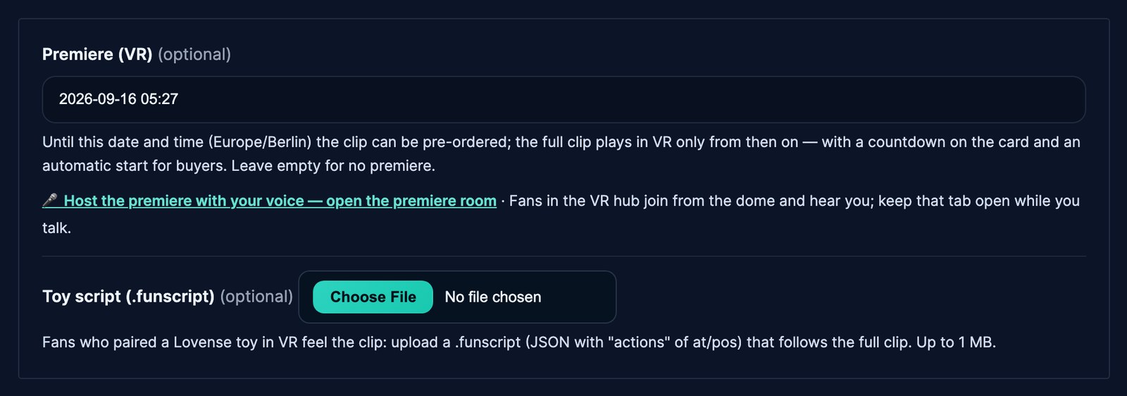 The Premiere (VR) field with a date, the link Host the premiere with your voice, and the Toy script field below it.