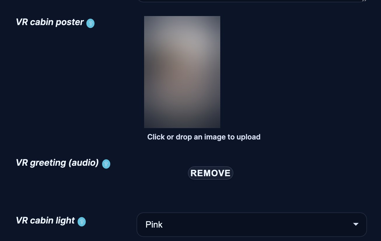 The three VR cabin fields in Store Brand Setup: VR cabin poster with a preview, VR greeting (audio) with Remove, VR cabin light set to Pink.