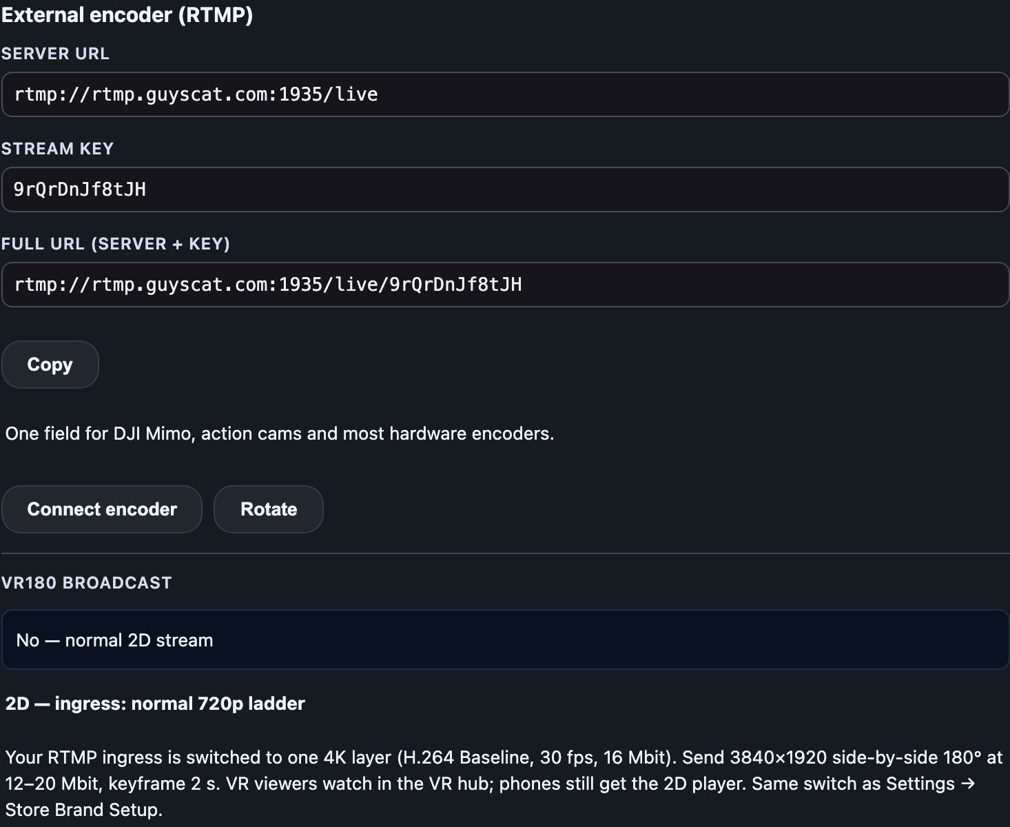 Livestream studio external-encoder panel: server URL, stream key, full URL, Connect encoder, Rotate.