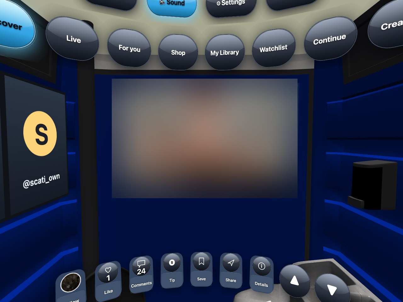 The VR hub cabin: the screen in the middle with a trailer, the tabs above it, the action bar below.