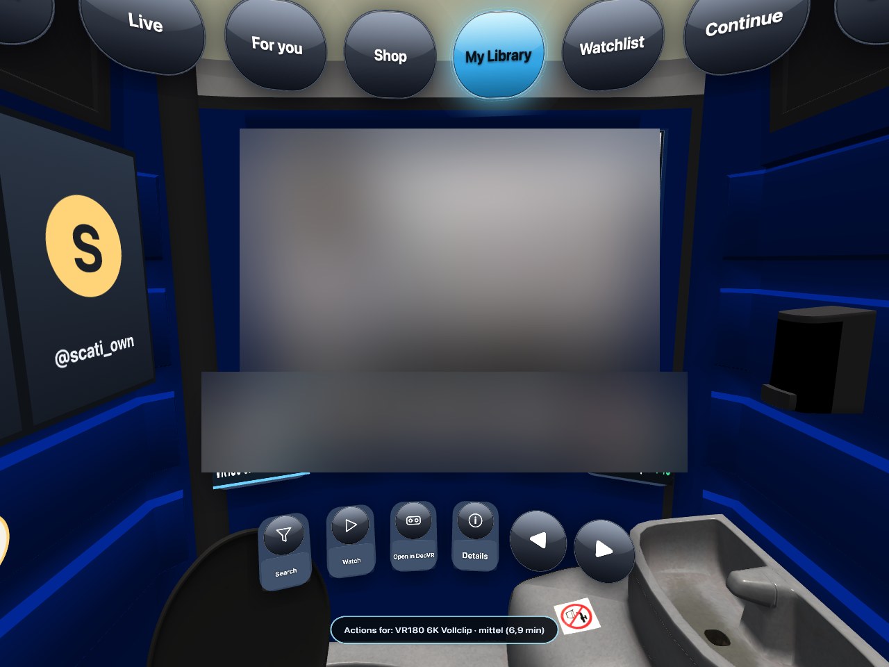 My Library: the screen with a full clip, a row of small cards below it, and the bar with Search, Watch, Open in DeoVR, Details.