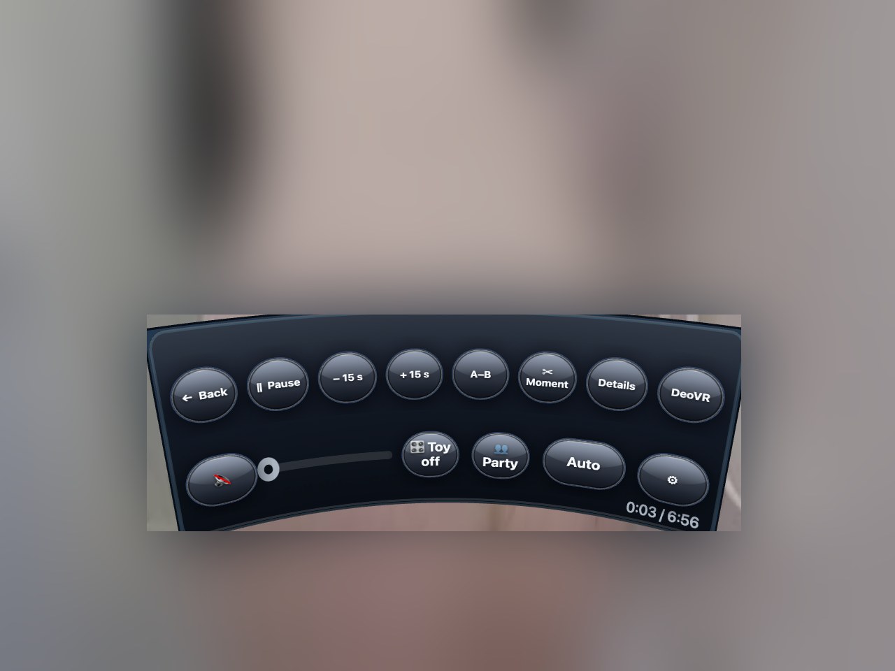 The dome control bar: Back, Pause, minus 15 s, plus 15 s, A–B, Moment, Details, DeoVR in the first row; sound, timeline, Toy, Party, quality and settings in the second.