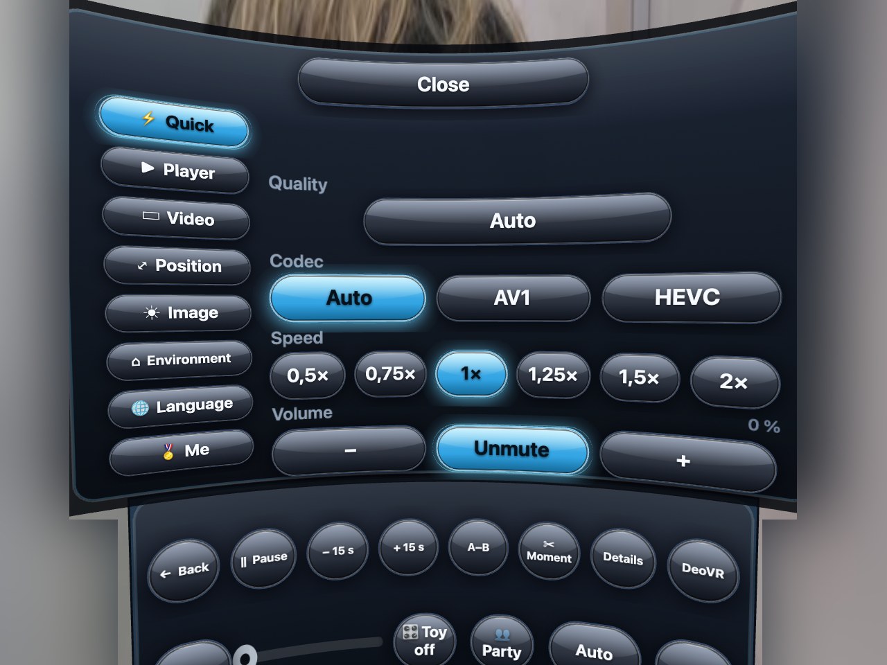 The settings dialog with the tabs Quick, Player, Video, Position, Image, Environment, Language, Me — and Quality, Codec, Speed and Volume on the Quick tab.