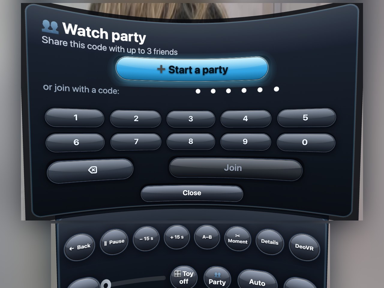 The watch party dialog: Start a party, or join with a 6-digit code typed on the number pad.