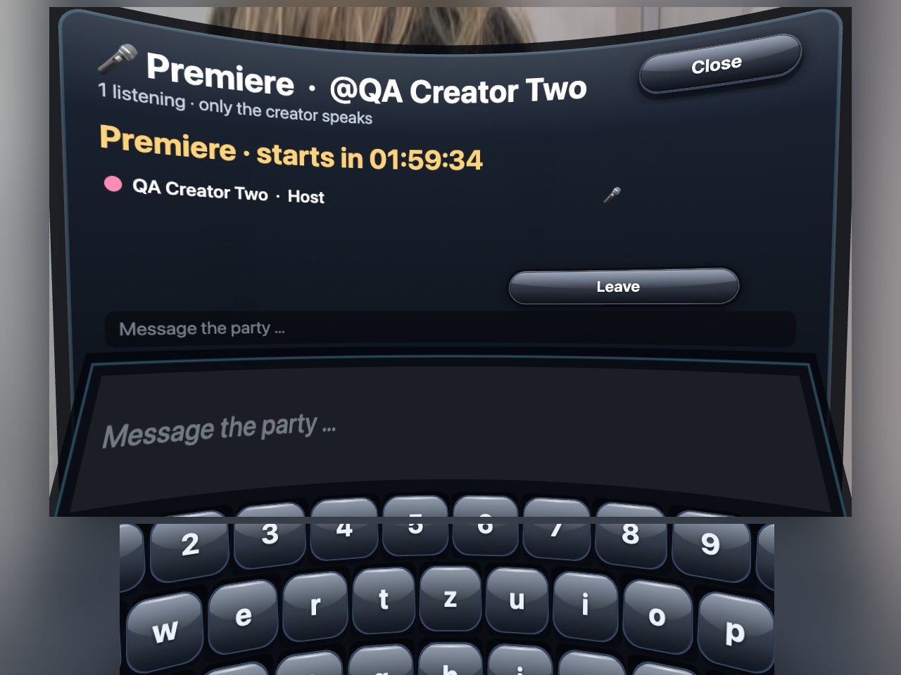 The premiere dialog: Premiere with the creator's name, listening count, the countdown to the premiere, the creator as host with a microphone, and the chat line.