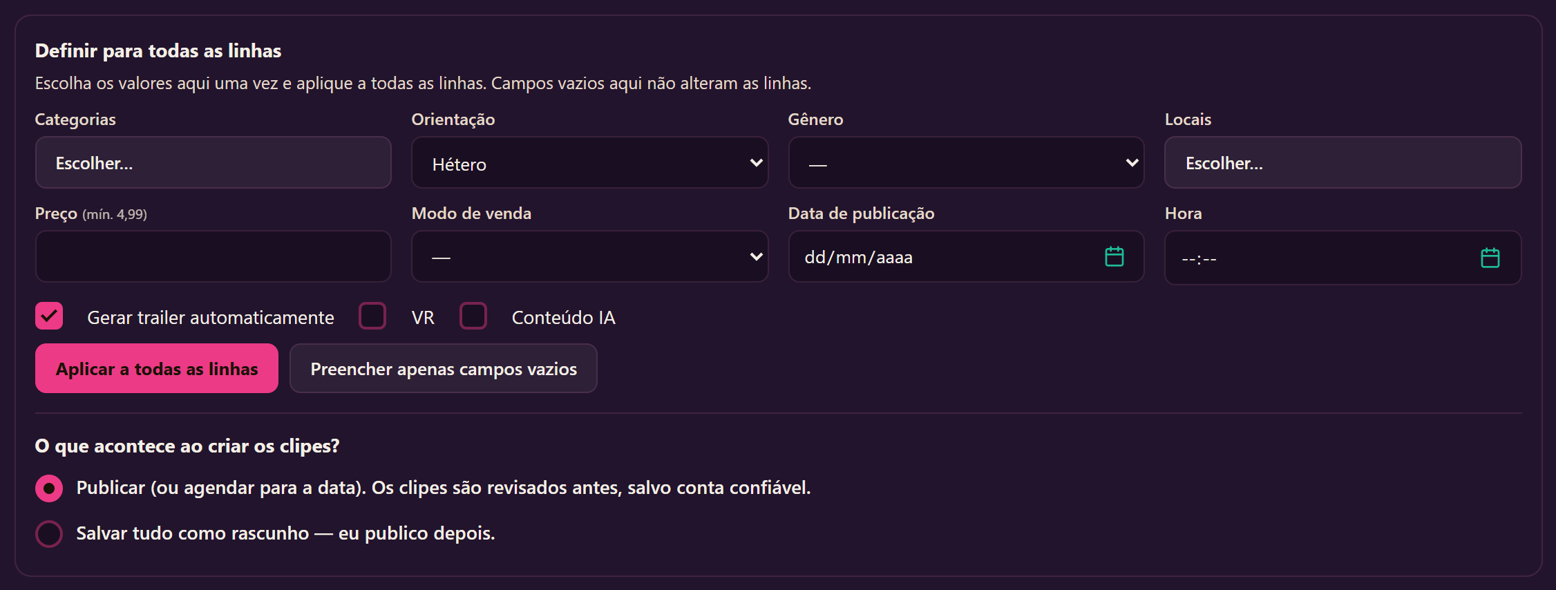 A caixa “Definir para todas as linhas” com categorias, orientação, locais, preço, modo de venda, data e hora de publicação, e a pergunta sobre o que acontece ao criar os clipes.