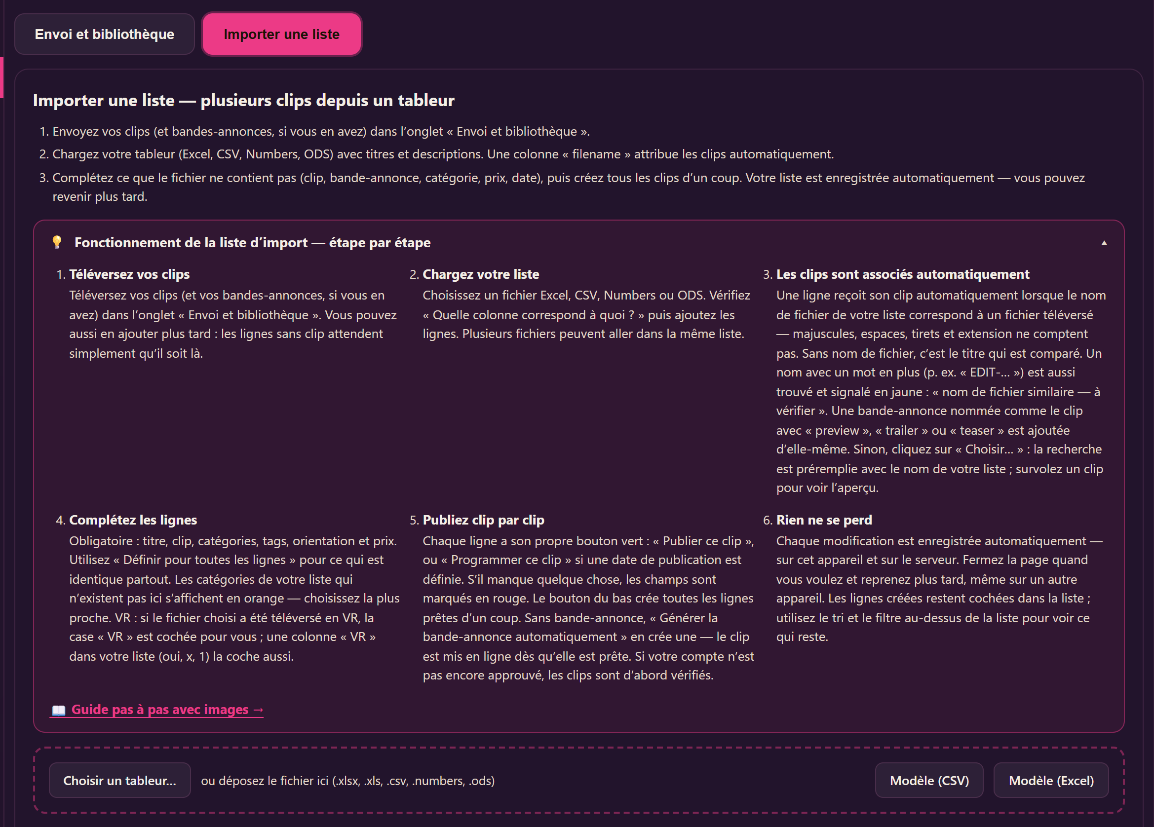 L’onglet « Importer une liste » avec l’encadré d’aide ouvert et le bouton « Choisir un tableur… ».