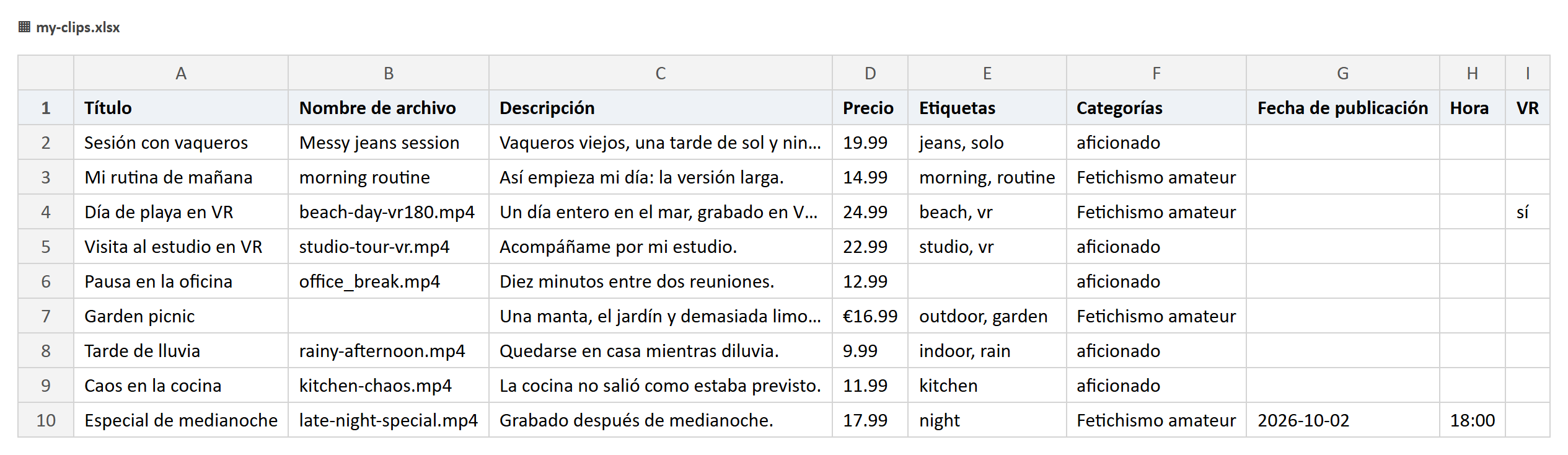 Una hoja de ejemplo con las columnas título, nombre de archivo, descripción, precio, etiquetas, categoría, fecha de publicación, hora y VR.
