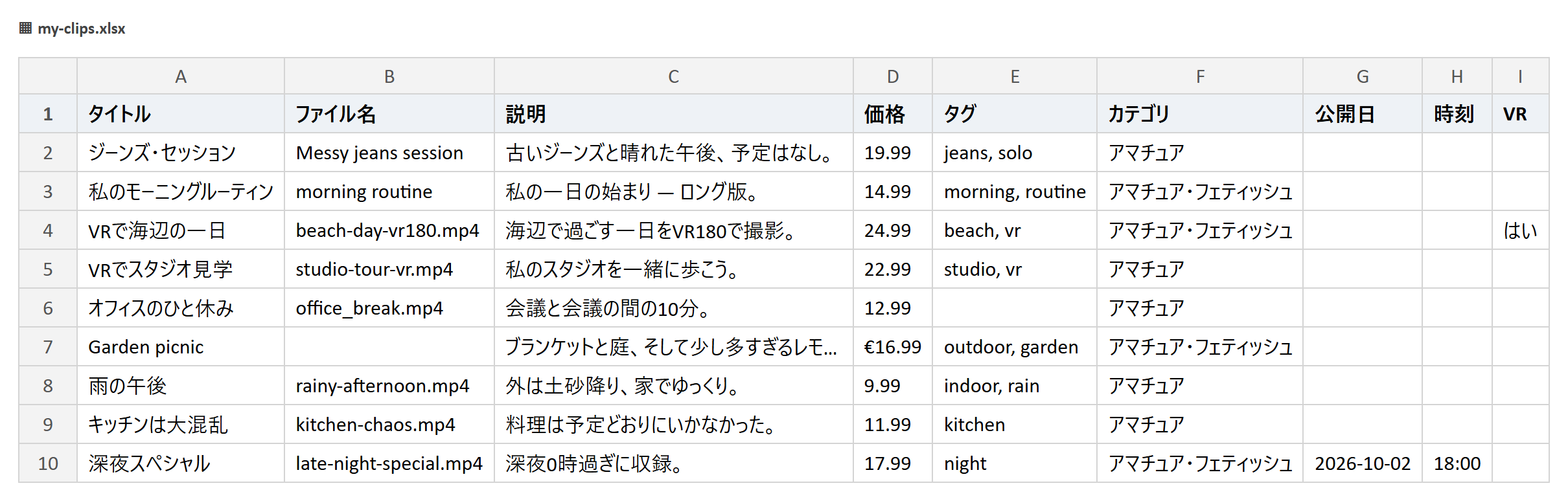 タイトル、ファイル名、説明、価格、タグ、カテゴリ、公開日、時刻、VRの列がある例の表。