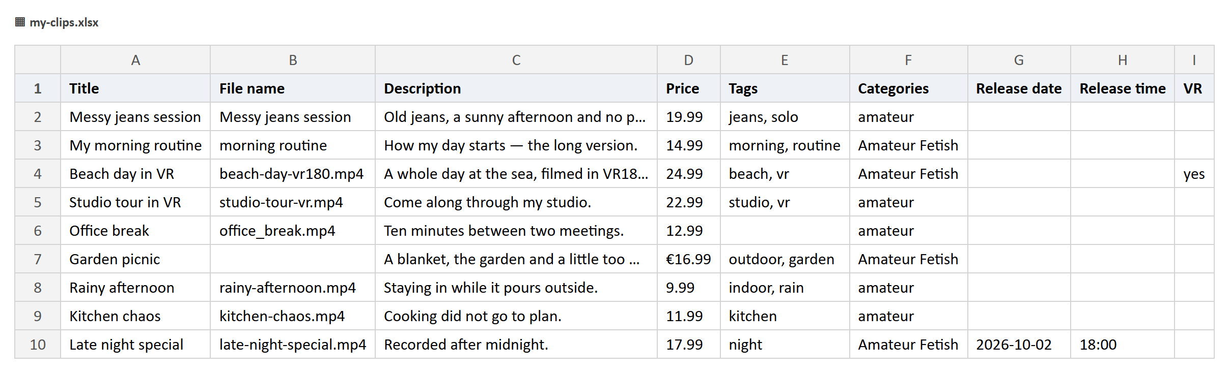 An example spreadsheet with the columns title, file name, description, price, tags, category, release date, release time and VR.