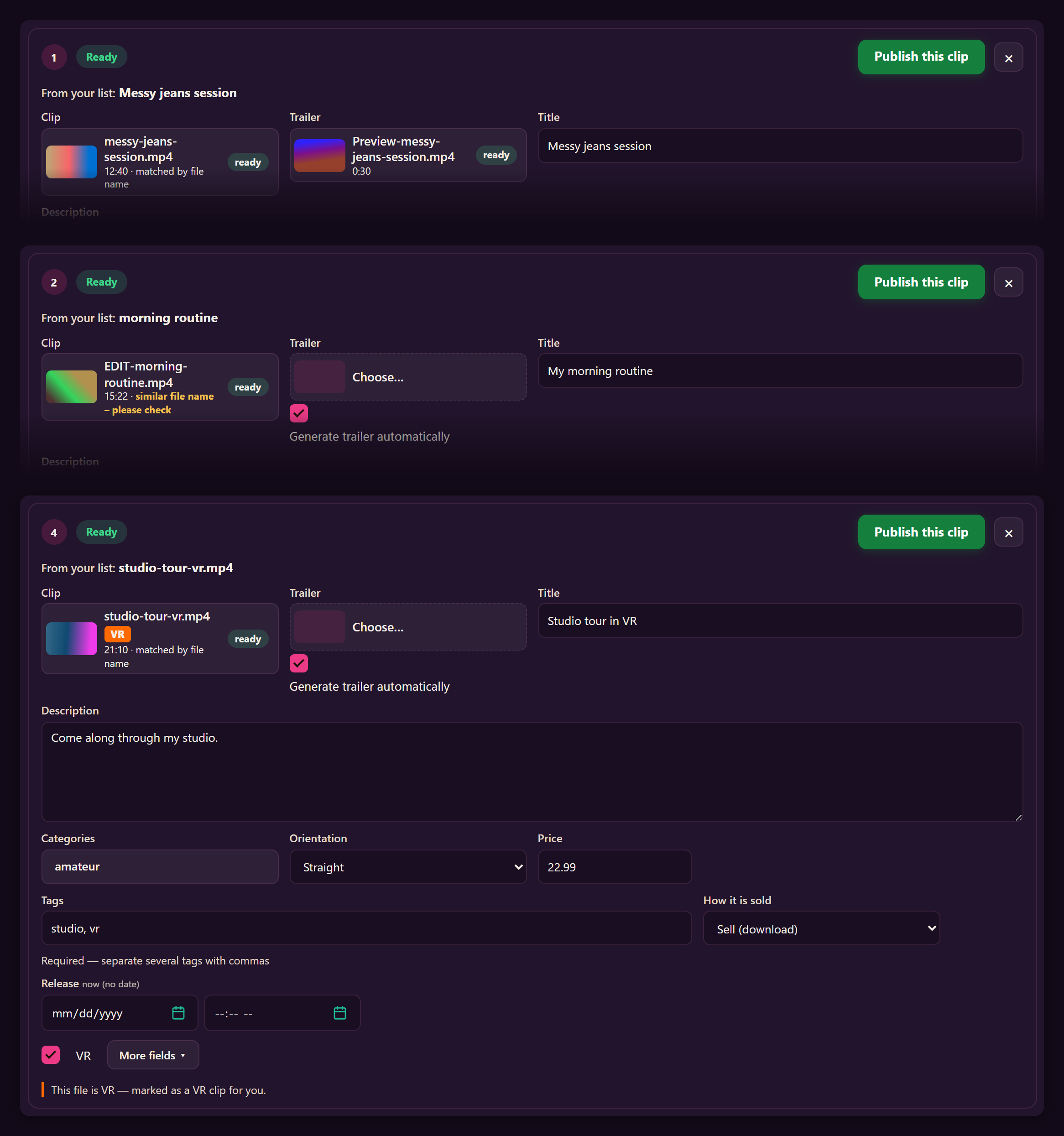 Three rows after loading: a clip and its trailer found by the same name, a clip found by a similar file name with a yellow note, and a VR clip with the VR tick set automatically.
