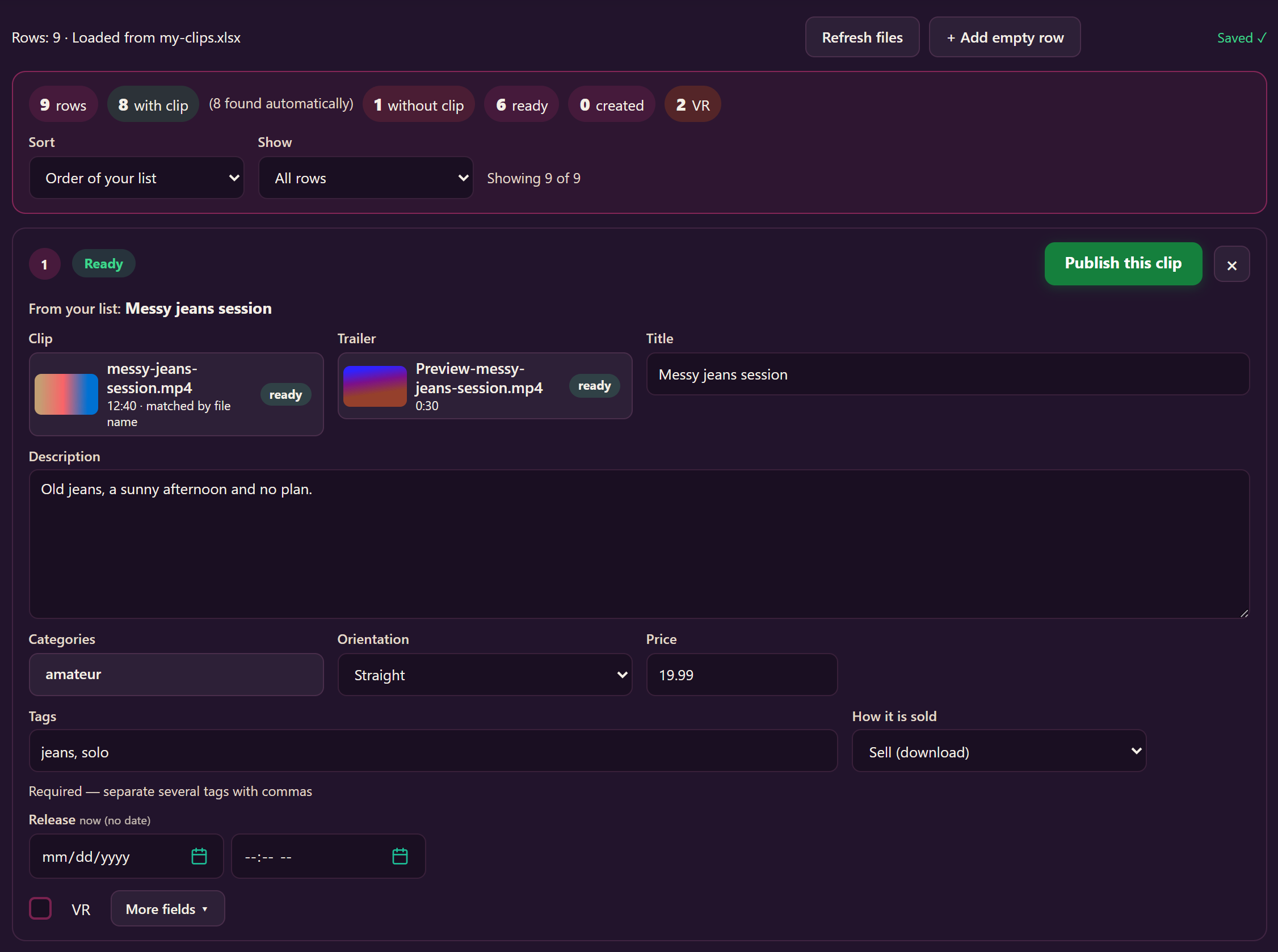 The overview above the list with the counters rows, with clip, found automatically, without clip, ready, created and VR, the sort and filter menus, and the first row with its matched clip.