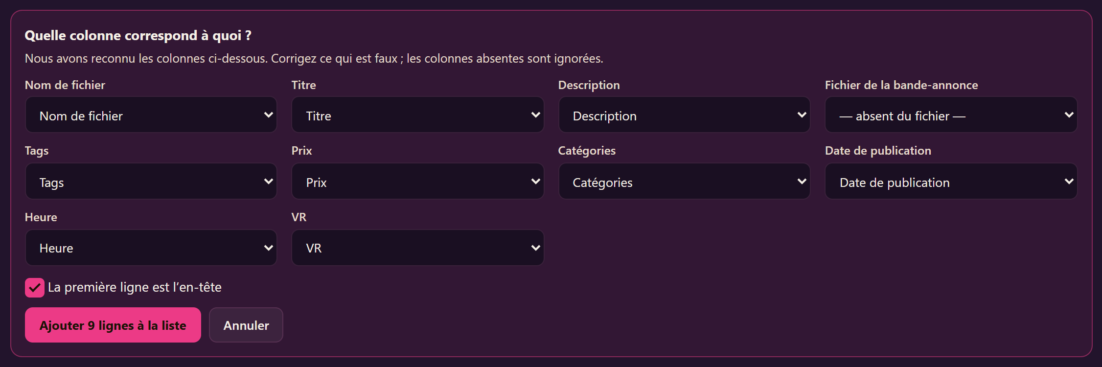 L’encadré « Quelle colonne correspond à quoi ? » avec une liste déroulante pour chaque champ : nom de fichier, titre, description, bande-annonce, tags, prix, catégories, date et heure de publication, et VR.