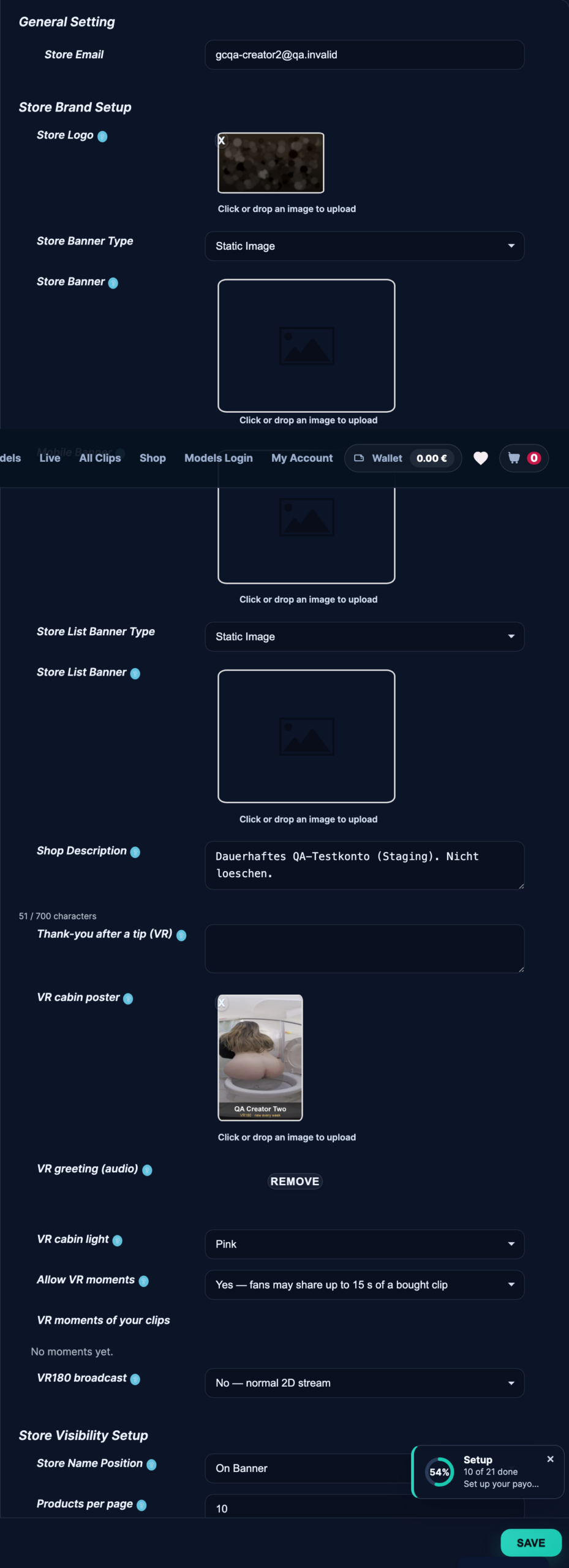 Settings, Store Brand Setup, with the VR180 broadcast field at the bottom.