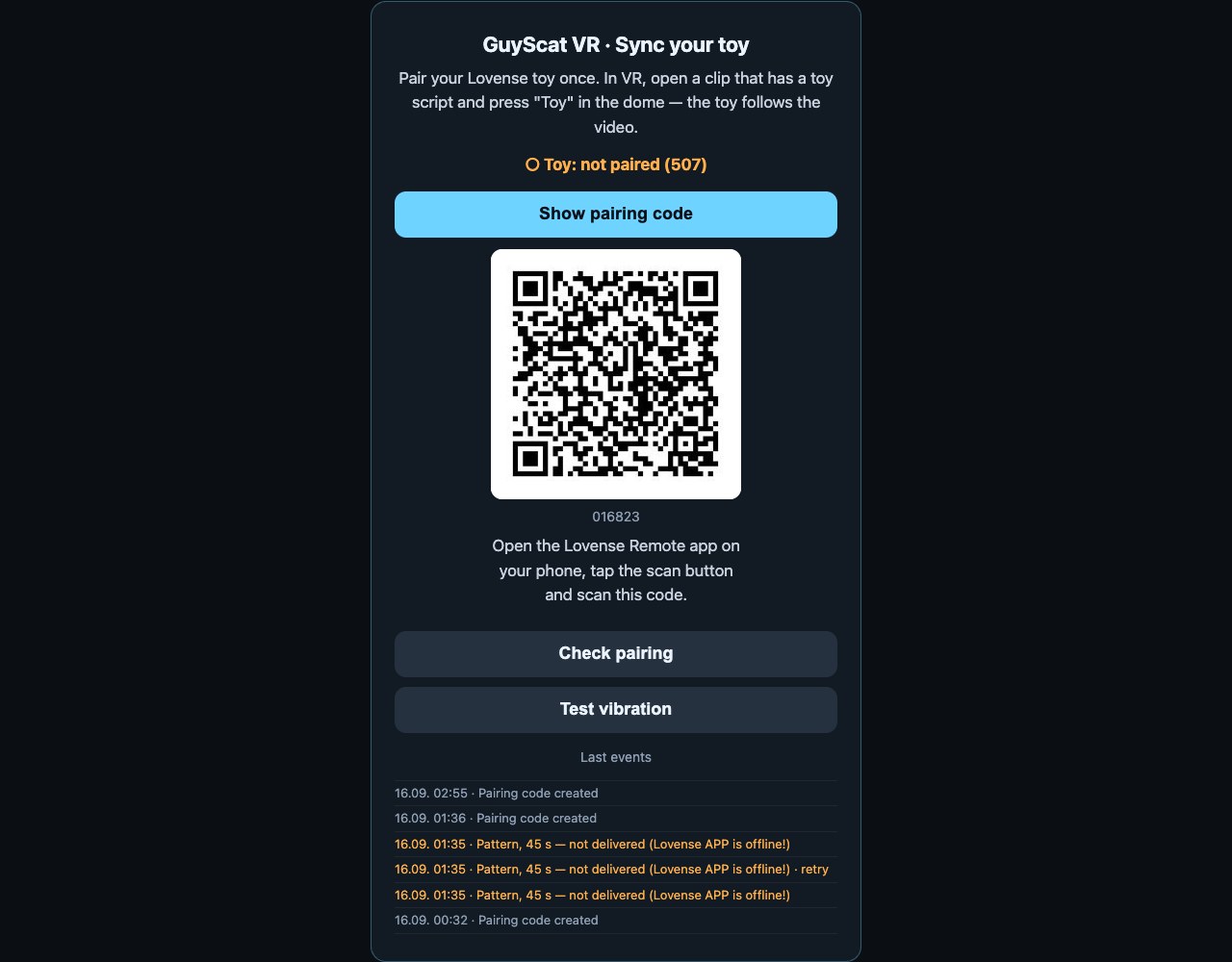 The pairing page: Sync your toy, the status line Toy: not paired, the pairing QR code with its number, and the buttons Check pairing and Test vibration.